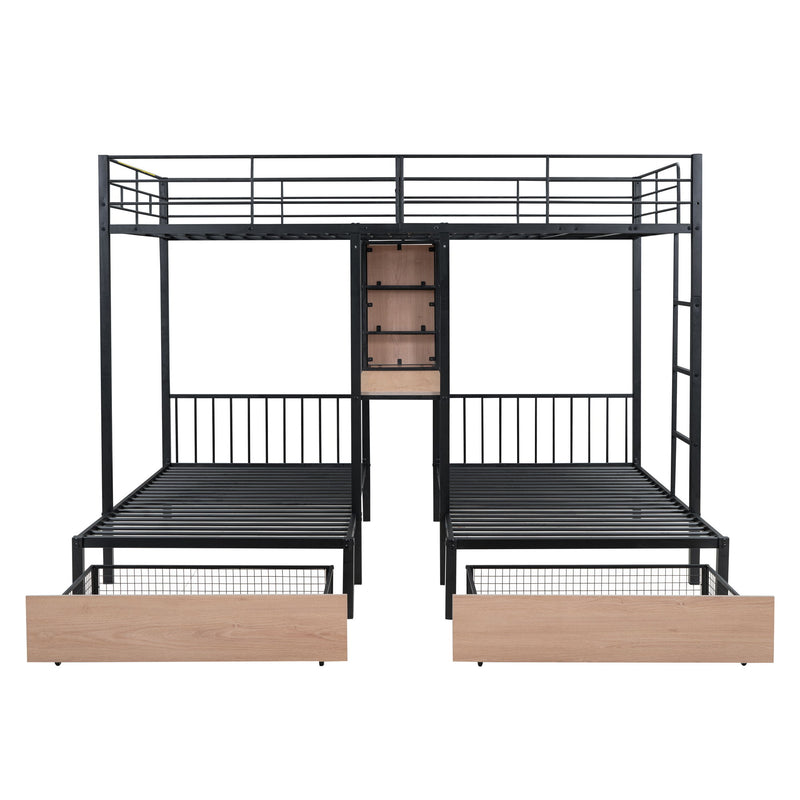 Triple Bunk Bed With Drawers, Multi-Functional Frame With Desks And Shelves In The Middle
