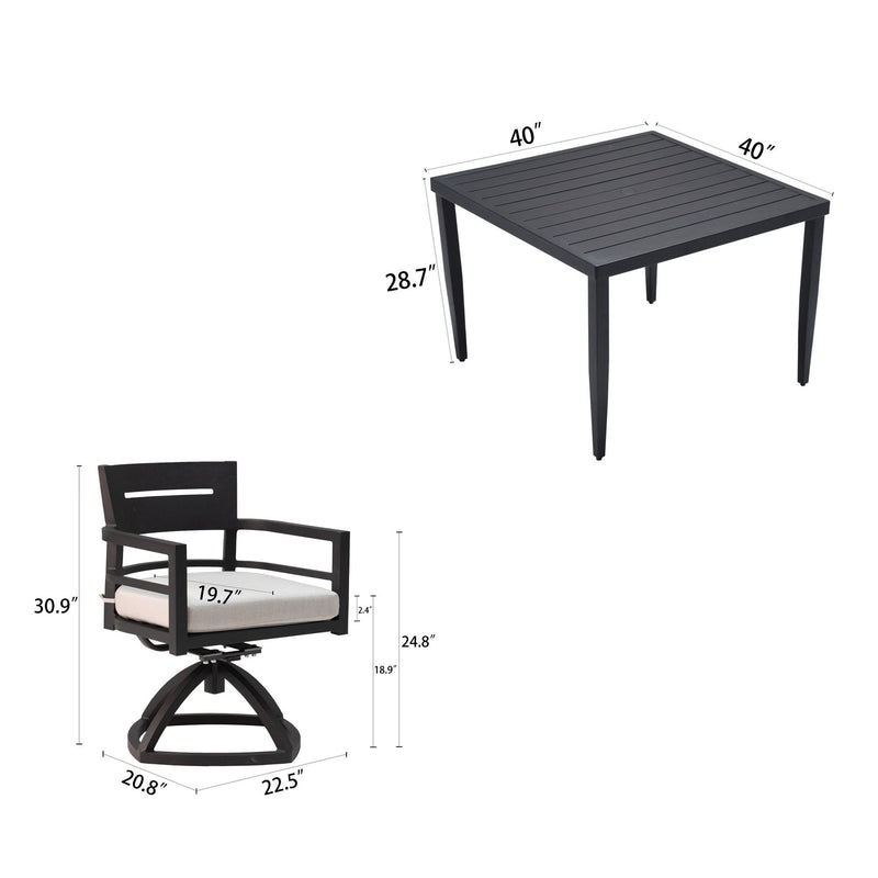 Outdoor Patio Aluminum Furniture, Modern Dining Set, Including 4 Swivel Rockers Sunbrella Cushioned And Square Dining Table With Umbrella Hole