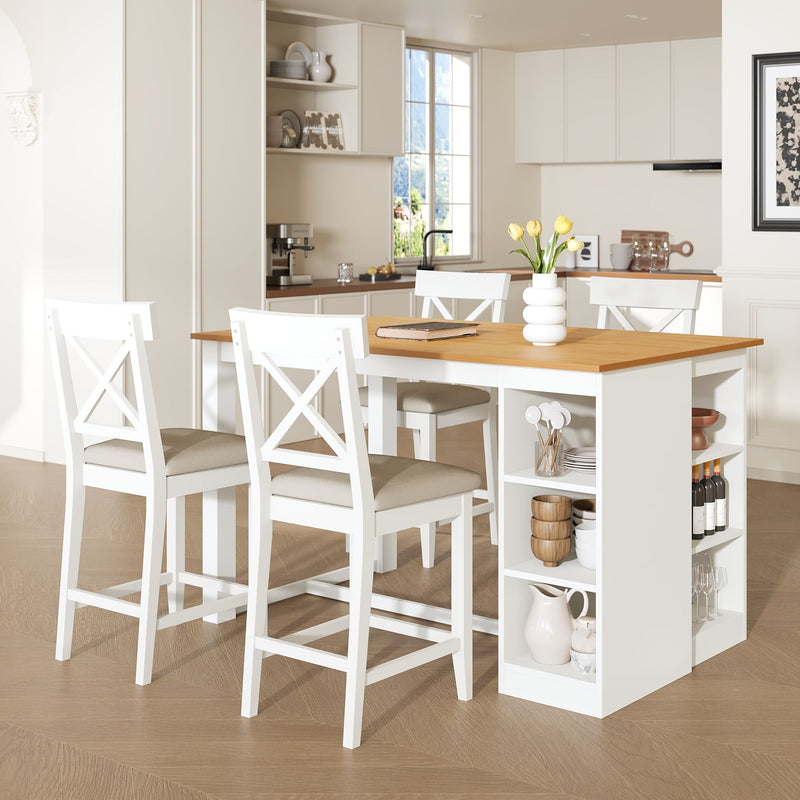 Solid Wood Farmhouse Counter Height Dining Table Set With 3 Tier Storage Shelves