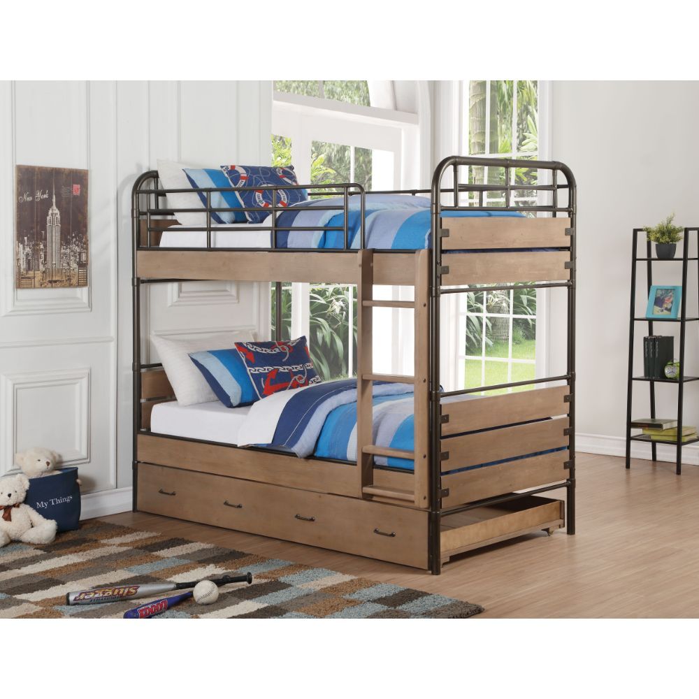 Adams - Twin Over Twin Bunk Bed & Trundle - Antique Oak & Gunmetal - Urban Living Furniture (Los Angeles, CA)