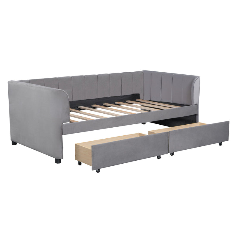 Twin Size Upholstered Daybed With Ergonomic Design Backrest And 2 Drawers - Gray