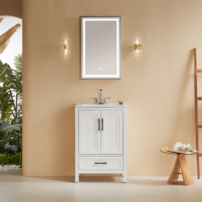 Fully Assembled 24'' Freestanding Single Bathroom Vanity With Ceramic Top - White