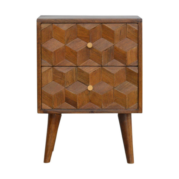 Cube Carved Bedside Table Nightstand - Chestnut