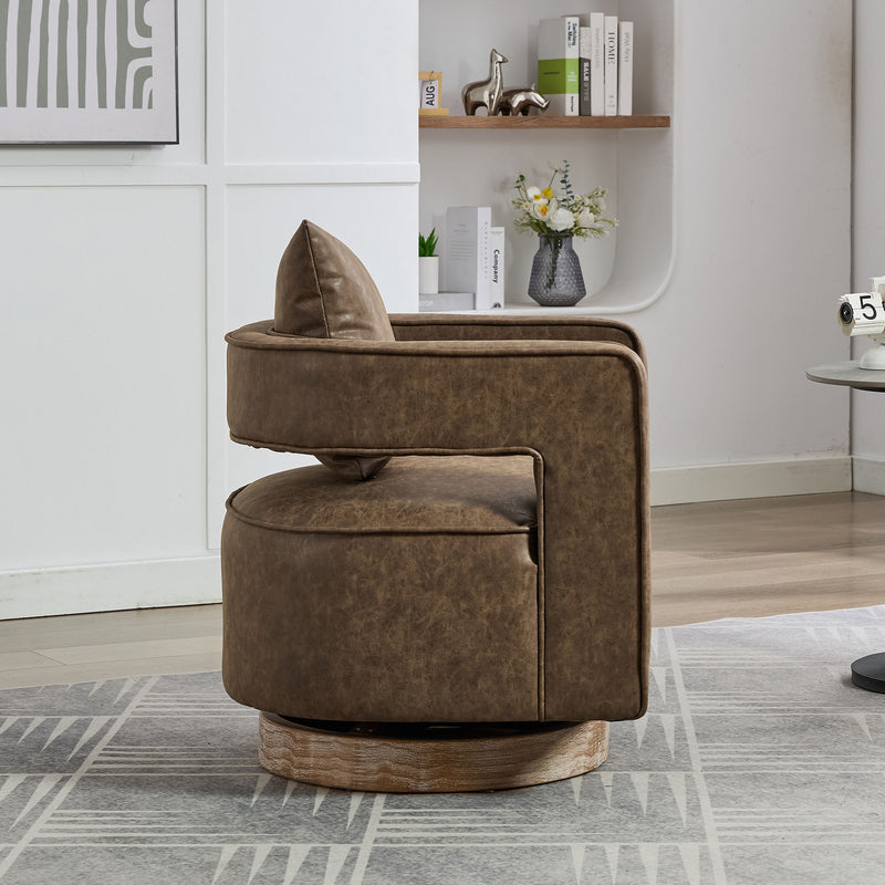 Swivel Accent Open Back Barrel Chair With Weathered Base