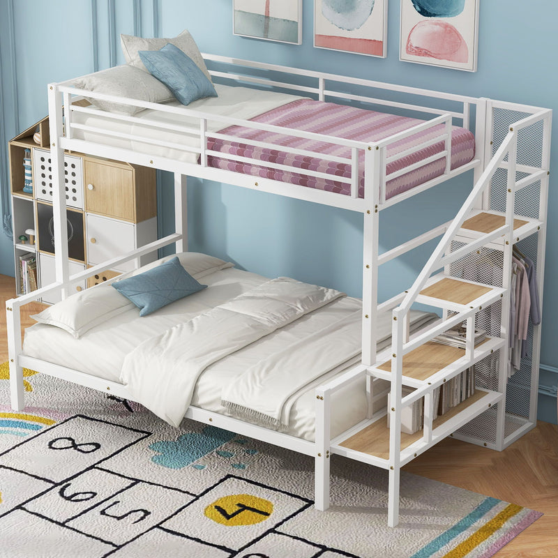 Twin Over Full Size Metal Bunk Bed With Storage Staircase And Open Wardrobe - White