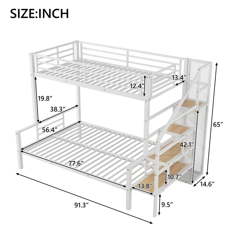 Twin Over Full Size Metal Bunk Bed With Storage Staircase And Open Wardrobe - White