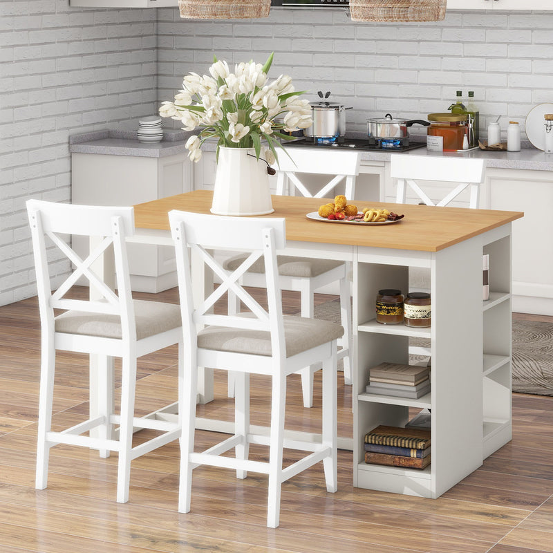 Solid Wood Farmhouse Counter Height Dining Table Set With 3 Tier Storage Shelves