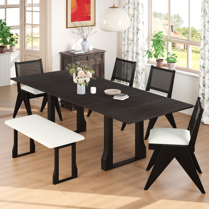 6 Piece Extendable Dining Table Set With 4 Wicker Back Upholstered Dining Chairs And Long Bench, 2 Removable Leaf