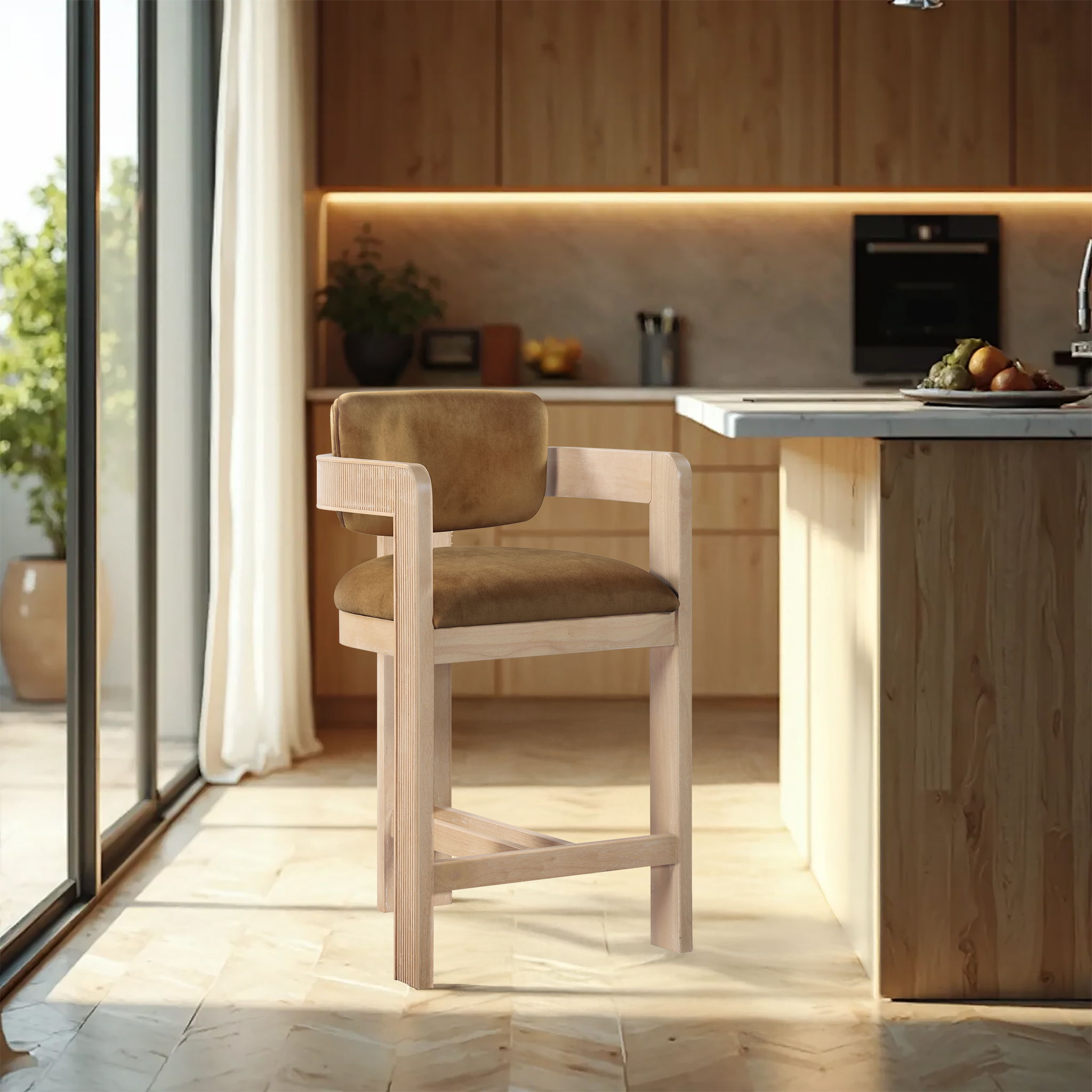 Sacha - Velvet Stool With Natural Base - Saddle - Urban Living Furniture (Los Angeles, CA)