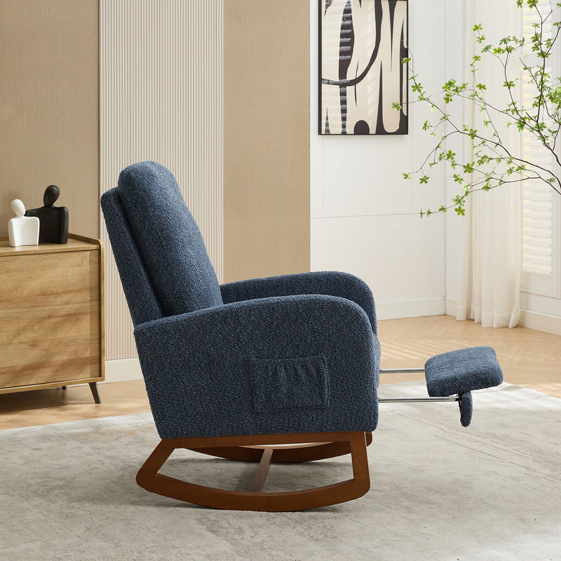 Rocking High Back Glider Chair With Retractable Footrest, Side Pocket