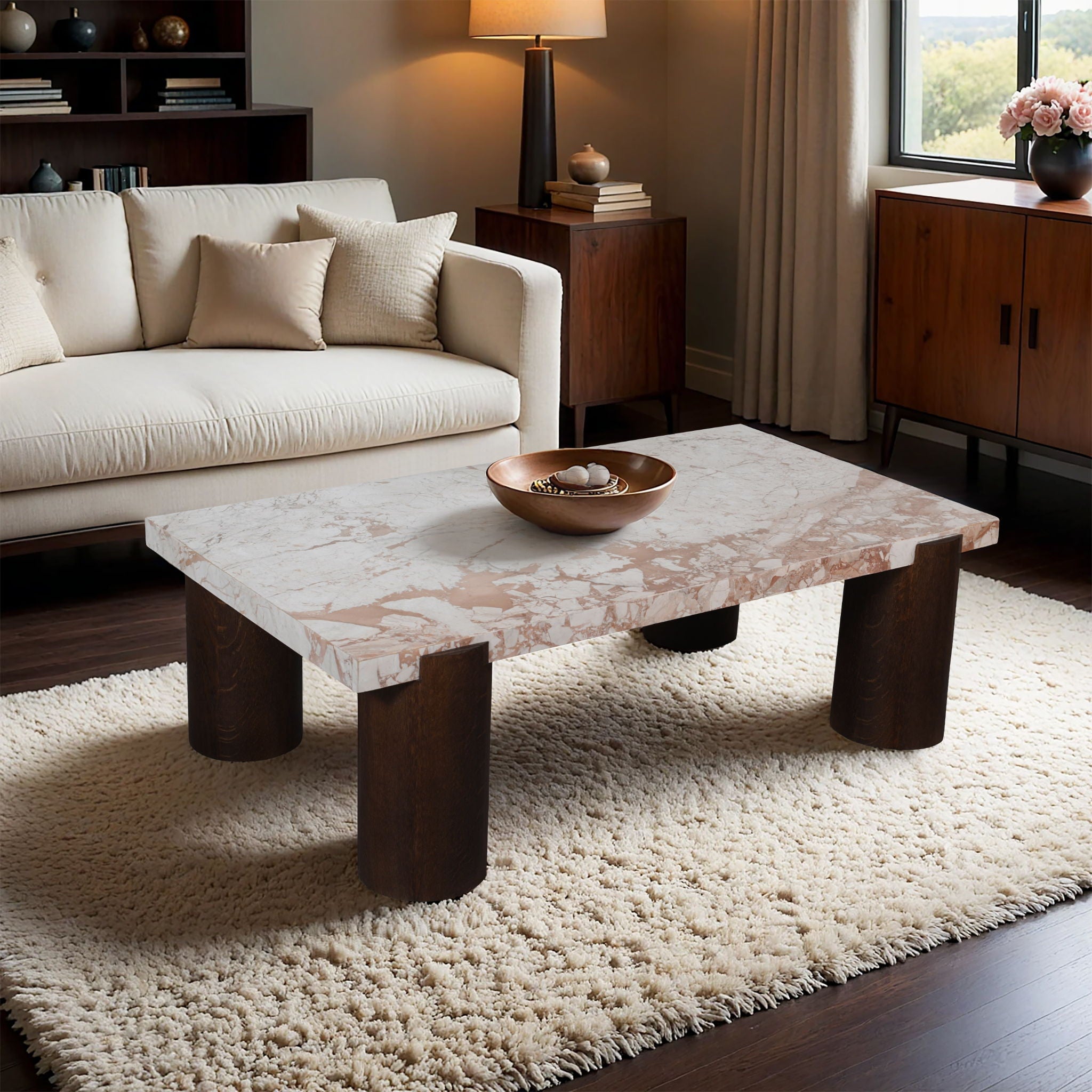 Campania - Marble And Oak Wood Coffee Table - Cream