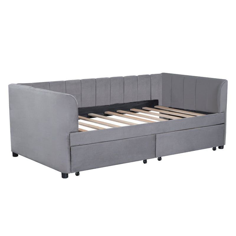 Twin Size Upholstered Daybed With Ergonomic Design Backrest And 2 Drawers - Gray
