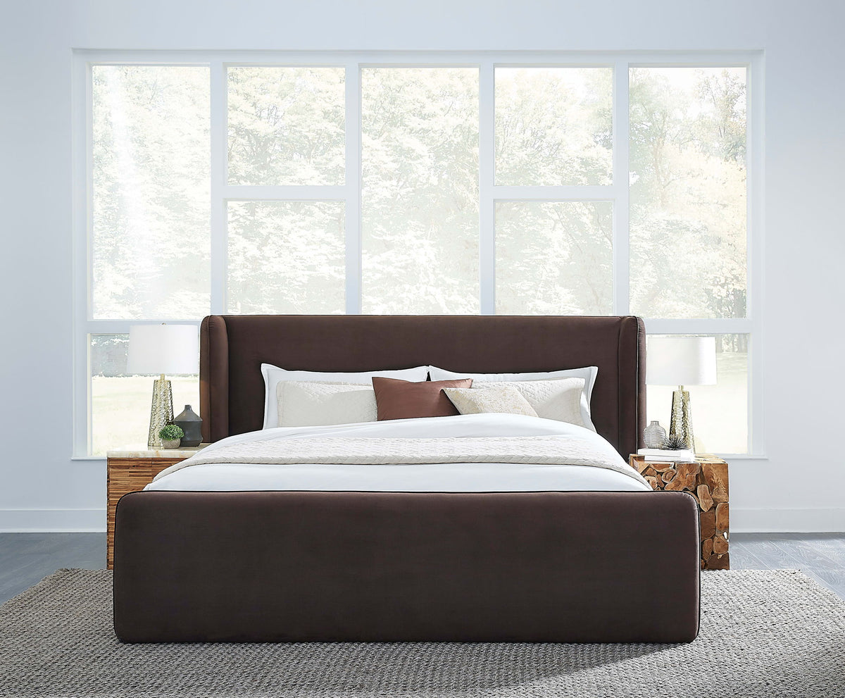 Formosa Bacall - Queen Velvet Upholstered Wingback Platform Bed - Cola