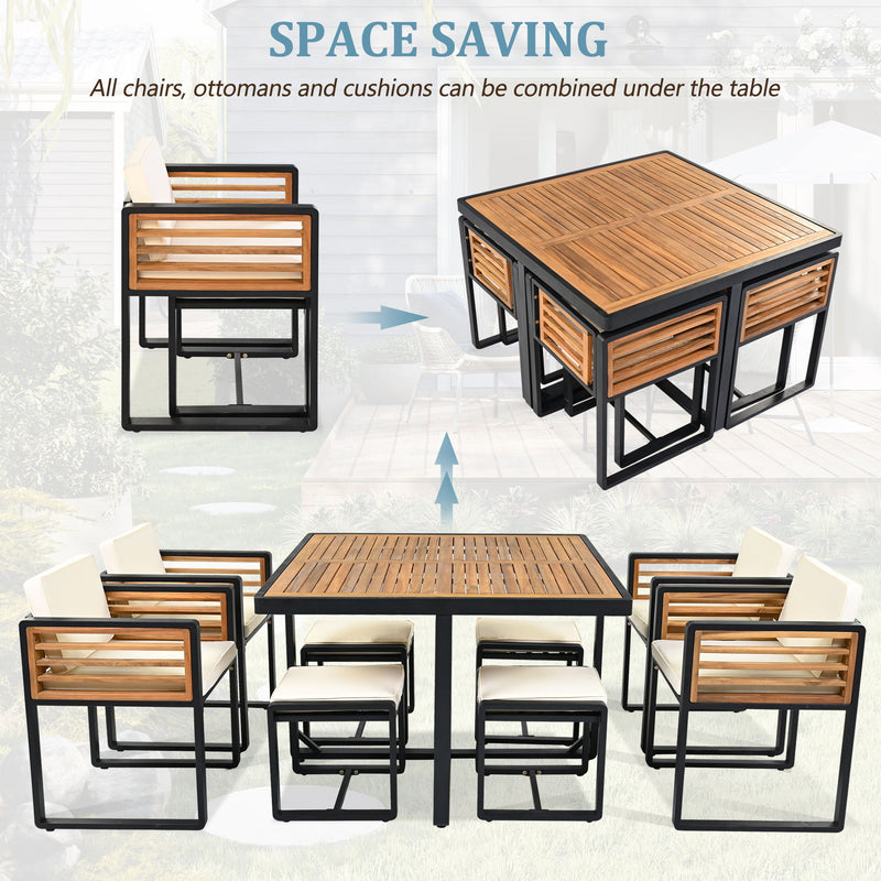 Acacia Wood Patio Dining Set, Cushioned Chairs & Ottomans Square Table