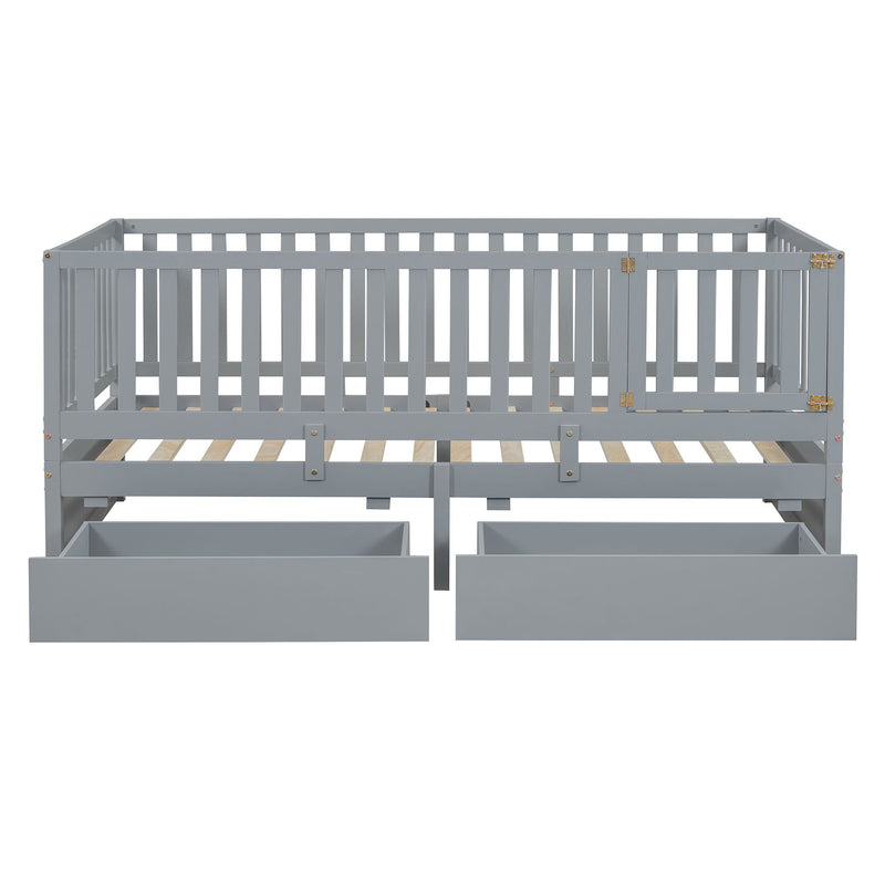 Daybed With Fence Guardrails And 2 Drawers, Split Into Independent Floor Bed & Daybed