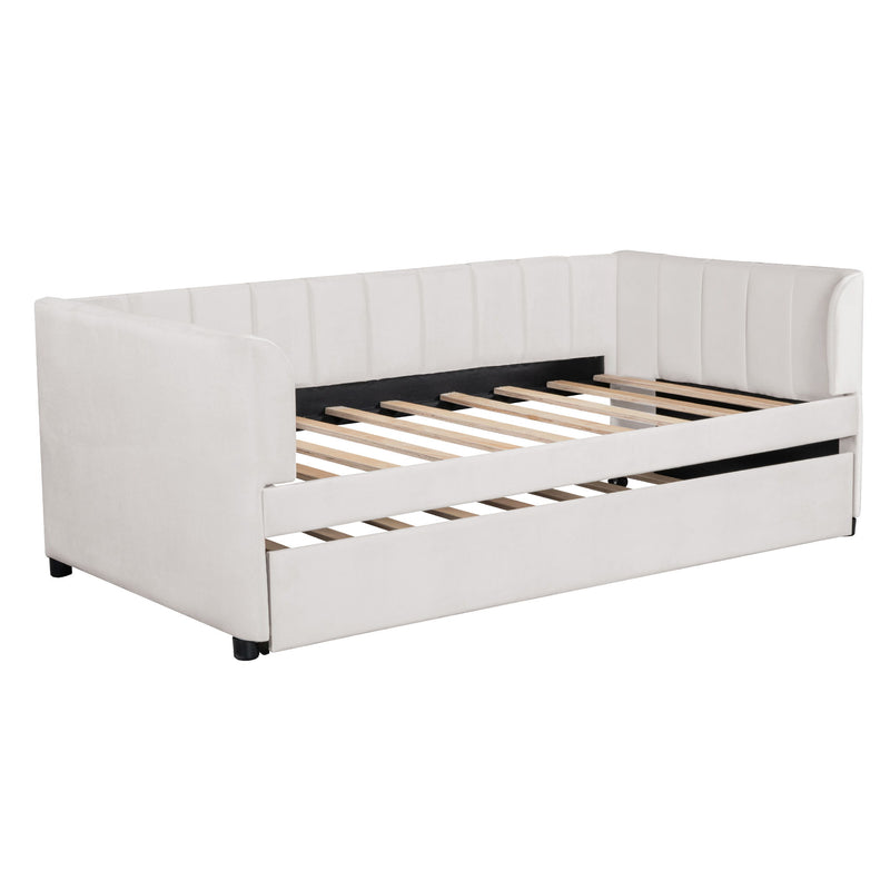 Twin Size Upholstered Daybed With Ergonomic Design Backrest And Trundle - Beige