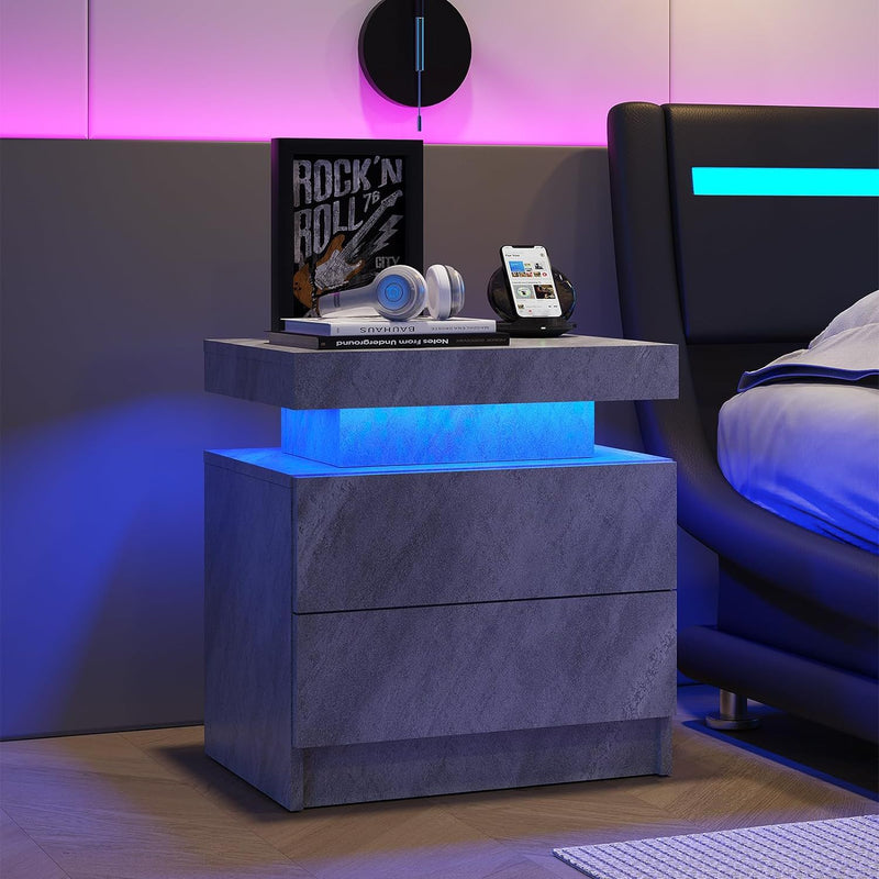 Nightstand LED, Bedside Table Cabinet With 2 Drawers For Bedroom