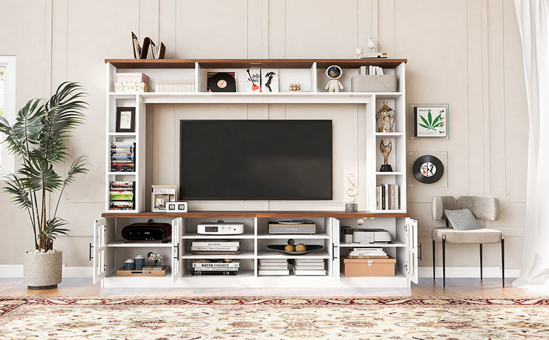Wall Unit Entertainment Center With Bookshelves For TVs Up To 80", Tempered Glass Doors And Adjustable Shelves