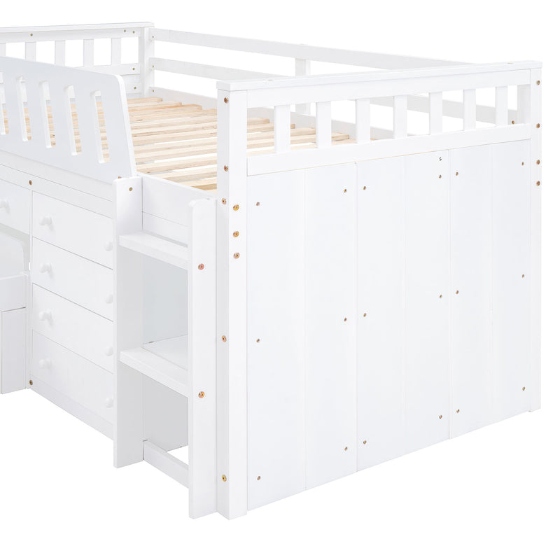 Loft Platform Bed With 7 Drawers And Full Guardrails, Modern L Shaped Space Savin