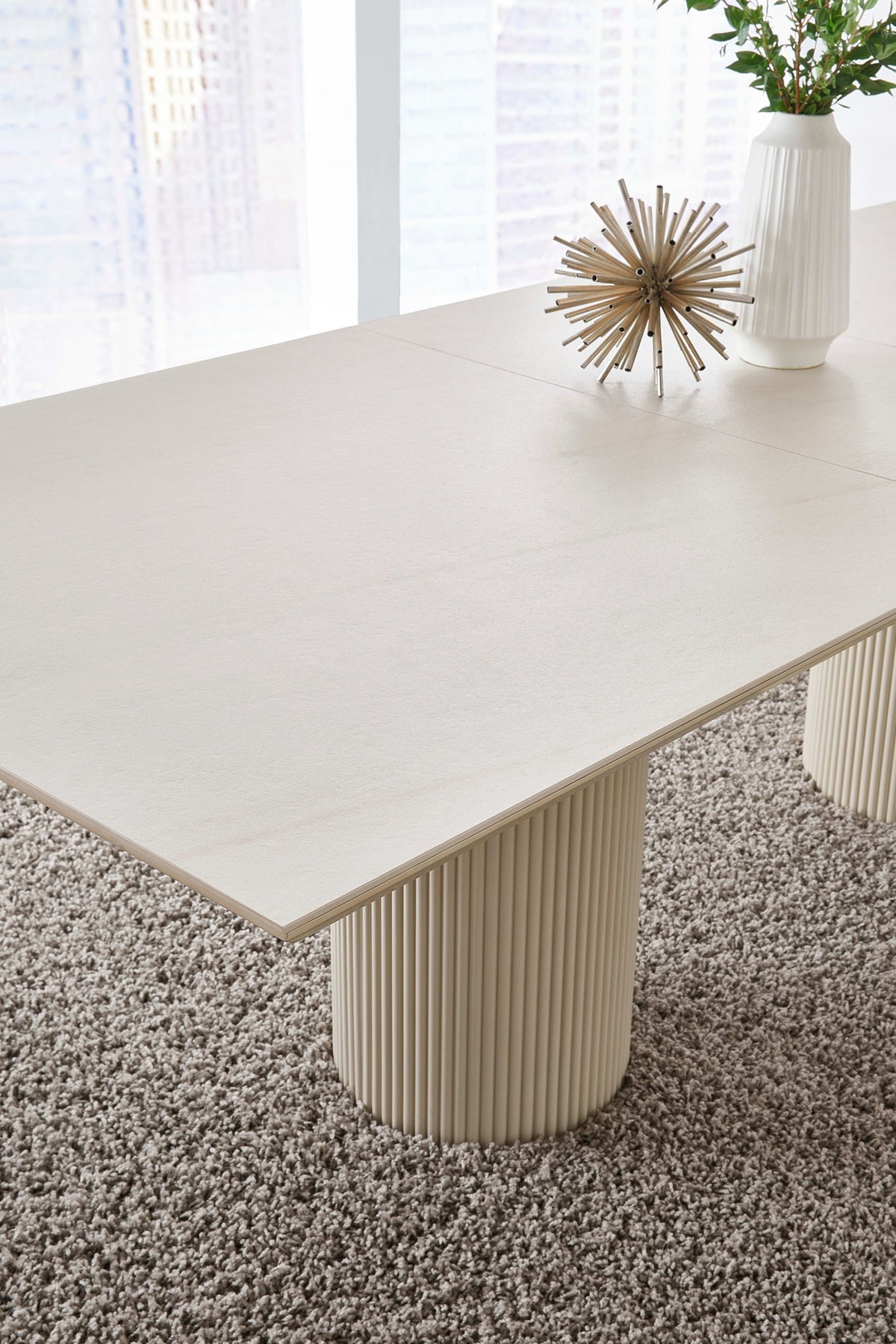 Crossroads 2.0 - Cannon Stone Top Double Pedestal Extension Dining Table With Wood Base - Ivory