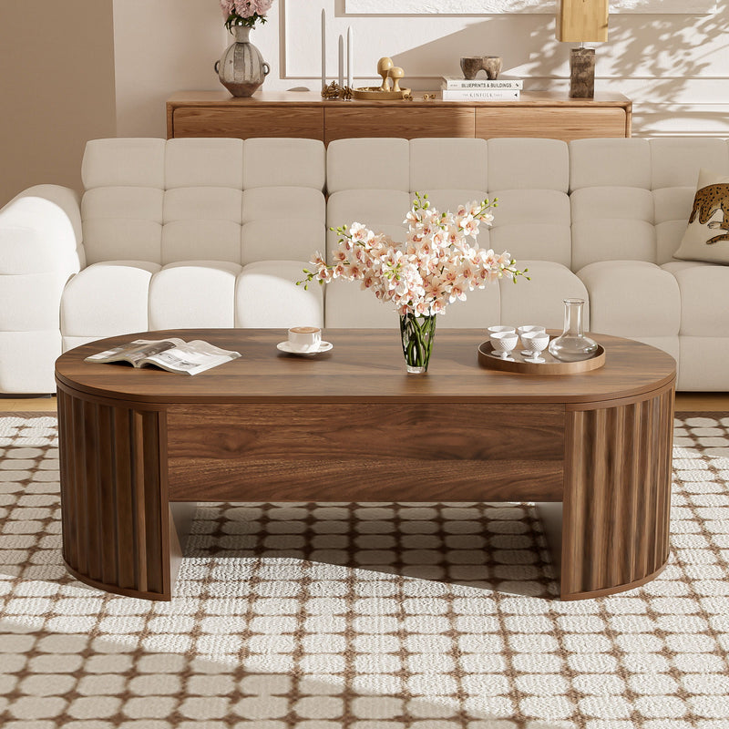 Lift Top Coffee Table With Hidden Compartment, Partially Assembled Wooden Center Table, Modern Oval Lift Tabletop For Home Living Room - Brown