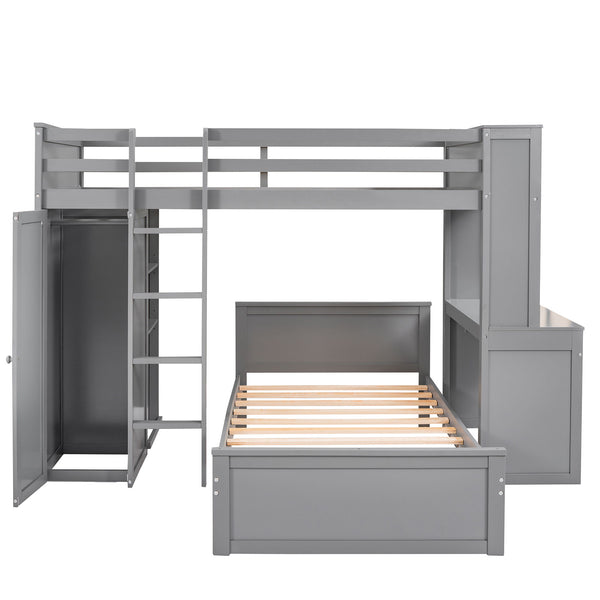 Loft Bed With A Stand Alone Bed, Shelves, Desk, And Wardrobe