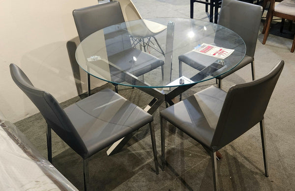 48" Round Glass Table & 4 Leather Chairs in Grey