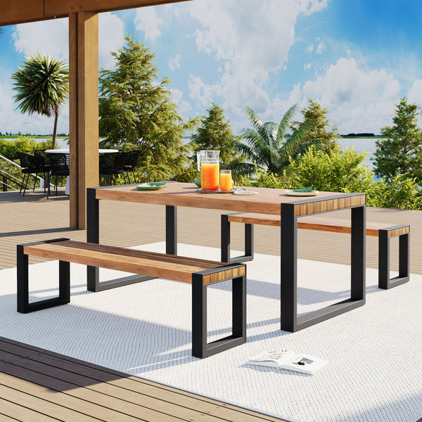 3 Pieces Outdoor Dining Table & 2 Benches, Patio Dining Set With Unique Top Texture, Acacia Wood Top & Steel Frame, All Weather Use, For Outdoor & Indoor - Natural
