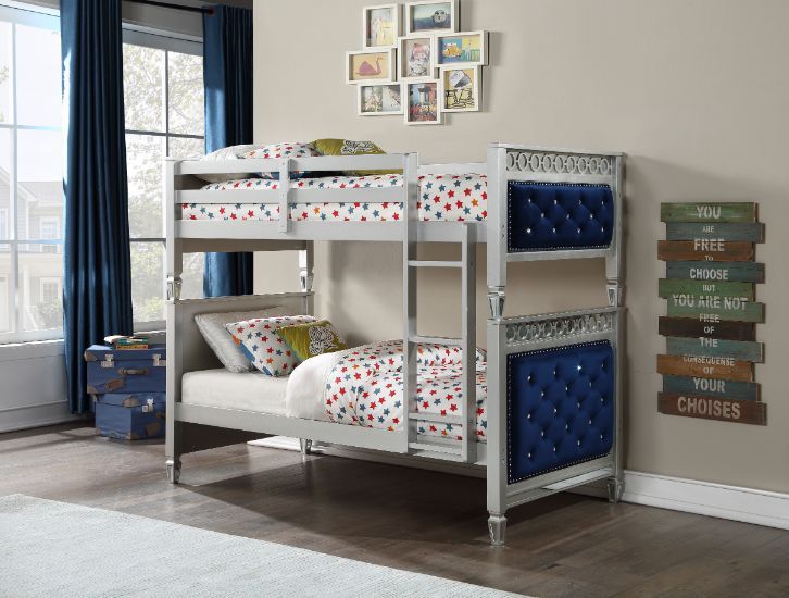 Varian - Twin Over Twin Bunk Bed - Blue Velvet & Silver Finish - Urban Living Furniture (Los Angeles, CA)