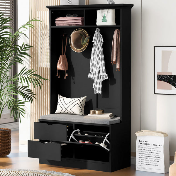 5 In 1 Entryway Bench With Coat Rack, Cushion And 4 Sturdy Hooks, Shoe Storage Bench