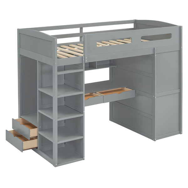 Loft Bed With Desk, Wardrobes, 4 Drawers And 4 Shelves