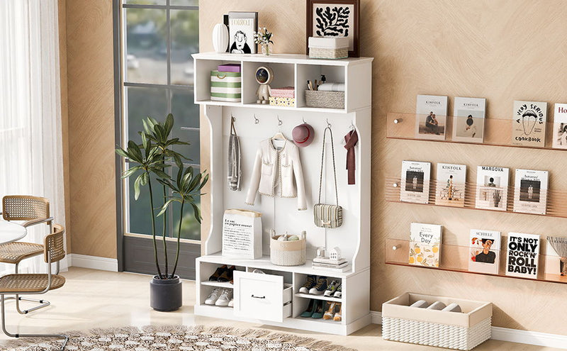 Hall Tree With 6 Hooks, Coat Hanger, Entryway Bench
