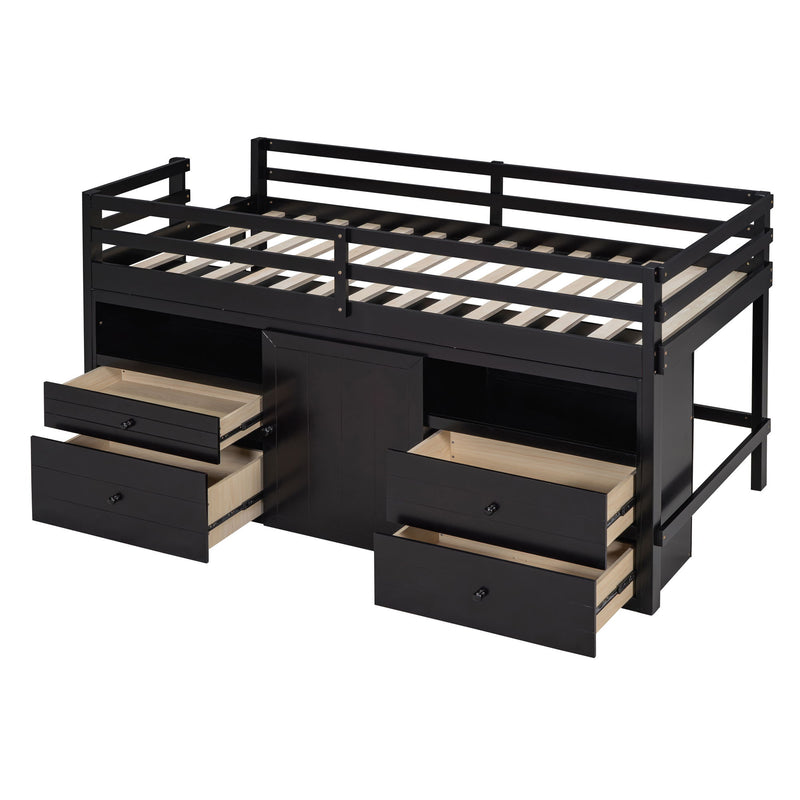 Loft Bed With 4 Drawers, Underneath Cabinet And Shelves