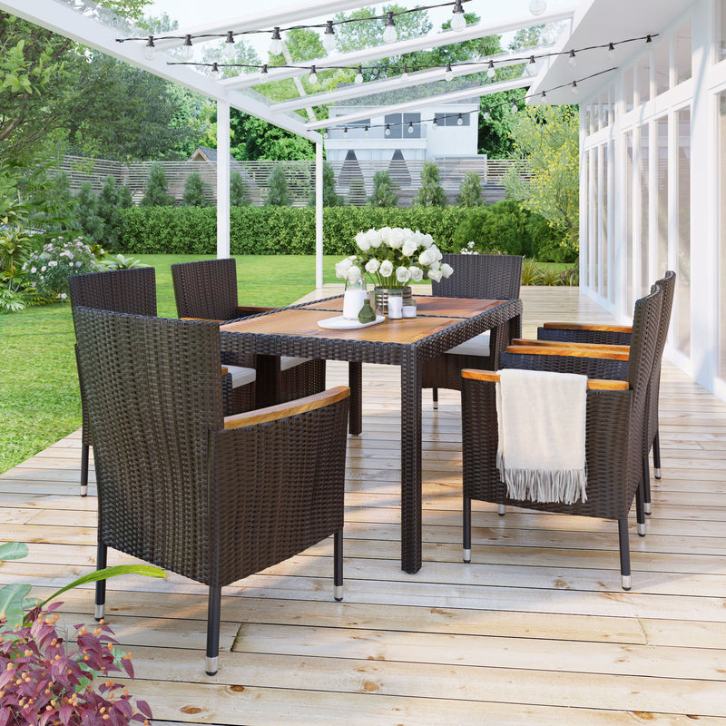 7 Piece Outdoor Patio Dining Set, Garden Wicker Dining Table And Chairs Set, Acacia Wood Tabletop, Stackable Armrest Chairs With Cushions - Brown