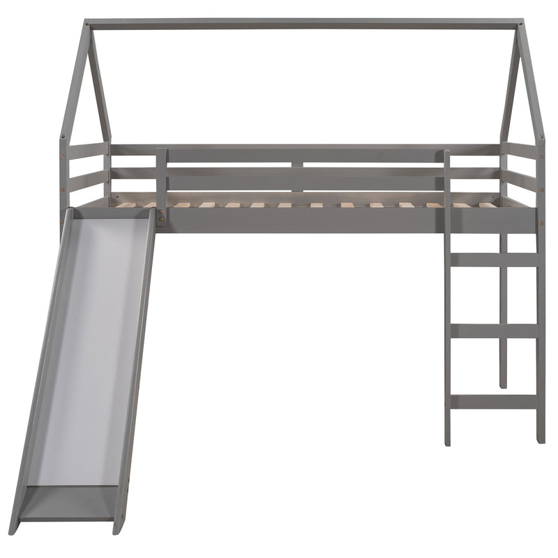 Twin Size House Loft Bed With Slide - Gray