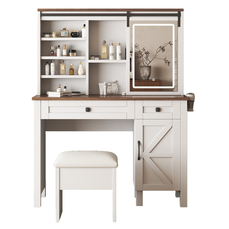 Farmhouse Makeup Vanity Desk With Sliding Mirror, LED Lights, And Storage Glass, Metal, And Wood Construction - White