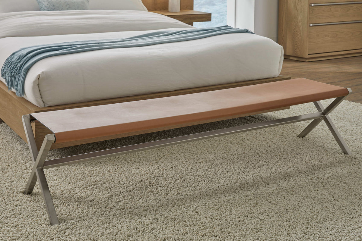 One - Modern Coastal Director's Style Leather Bench - Cognac And Brushed Stainless Steel