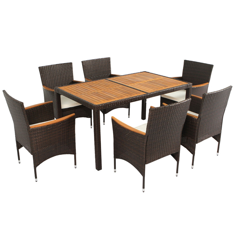 7 Piece Outdoor Patio Dining Set, Garden Wicker Dining Table And Chairs Set, Acacia Wood Tabletop, Stackable Armrest Chairs With Cushions - Brown