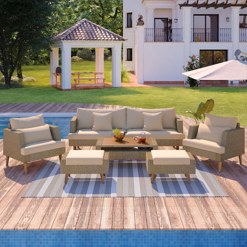 6 Pieces All Weather Sofa Set, Outdoor Rattan Sofa With Double Cushions