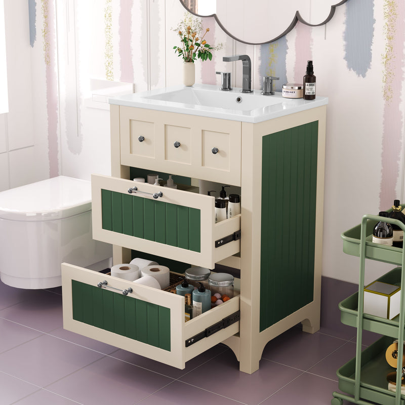 Bathroom Vanity With Ceramic Sink, Bathroom Vanity Cabinet With 2 Drawers, Wooden Bathroom Sink Cabinet - Beige / Green