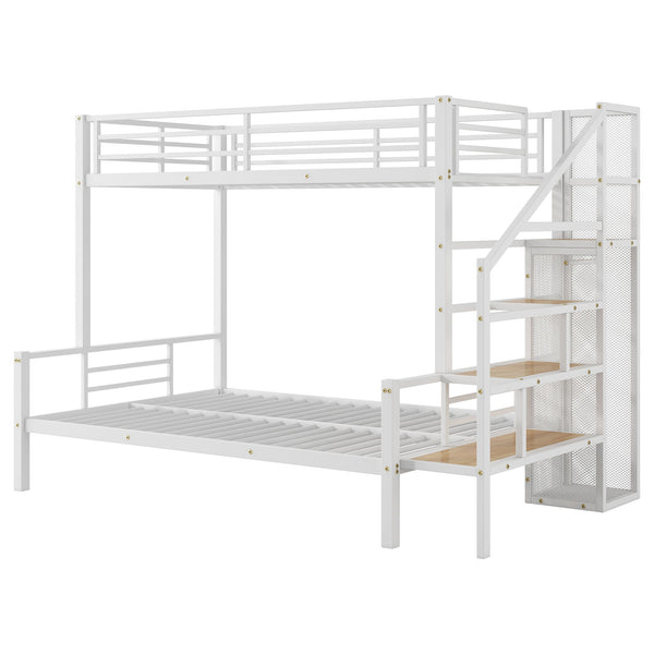 Twin Over Full Size Metal Bunk Bed With Storage Staircase And Open Wardrobe - White