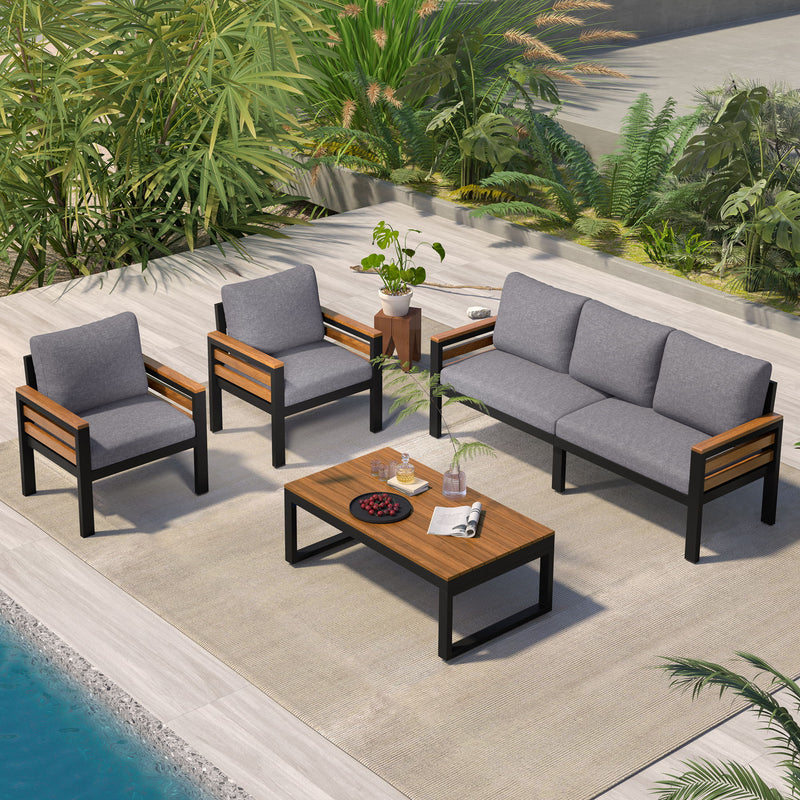4 Piece Outdoor Furniture Sofa Set For 5 People With Acacia Wood Armrests, Removable Cushion