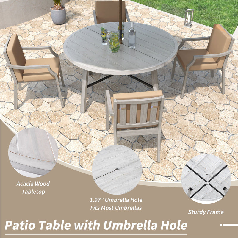 Outdoor Dinning Set 4 Person Outdoor Wooden Dinning Set With An Umbrella Hole And Removable Cushions For Patio, Backyard, Garden - Antique Gray