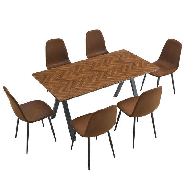 Suede Backrest Chairs With Metal Legs & Herringbone Dining Table Set