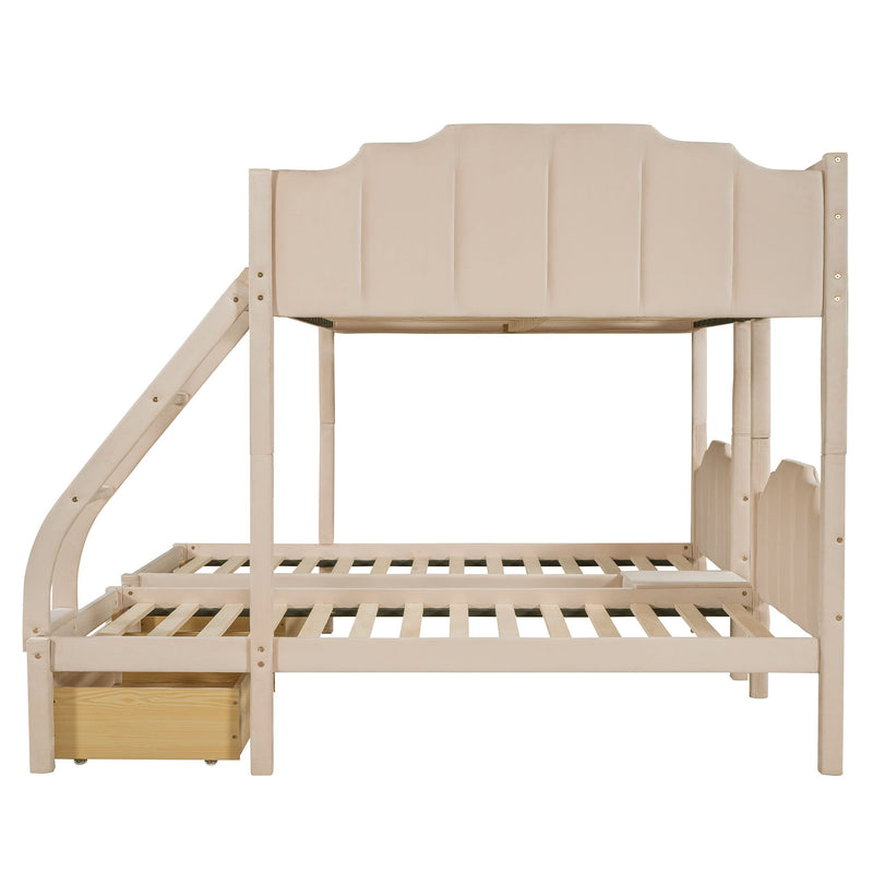Bunk Bed, Triple Bed With Drawers And Guardrails
