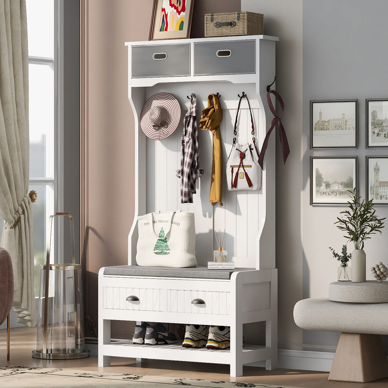 Hall Tree With 6 Hooks And Hinged Lid, Coat Hanger, Storage Bench, 3 In 1 Design