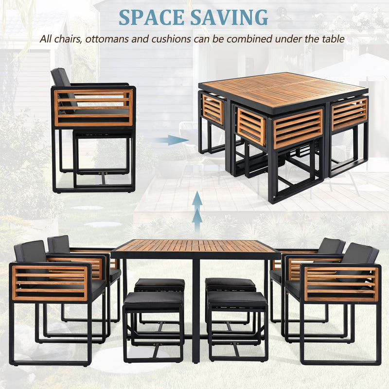 Acacia Wood Patio Dining Set, Cushioned Chairs & Ottomans Square Table
