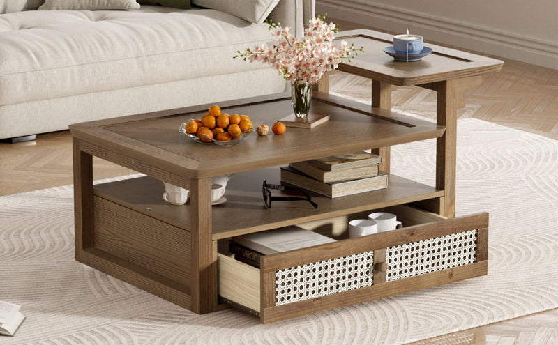 Coffee Table With 1 Storage Shelf, 2 Tabletops And 1 Rattan Drawer