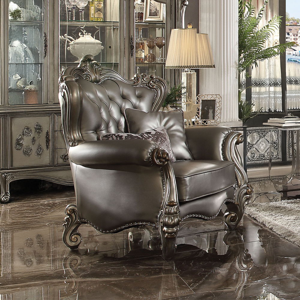 Versailles - Chair With 2 Pillows - Silver Synthetic Leather & Antique Platinum - Urban Living Furniture (Los Angeles, CA)