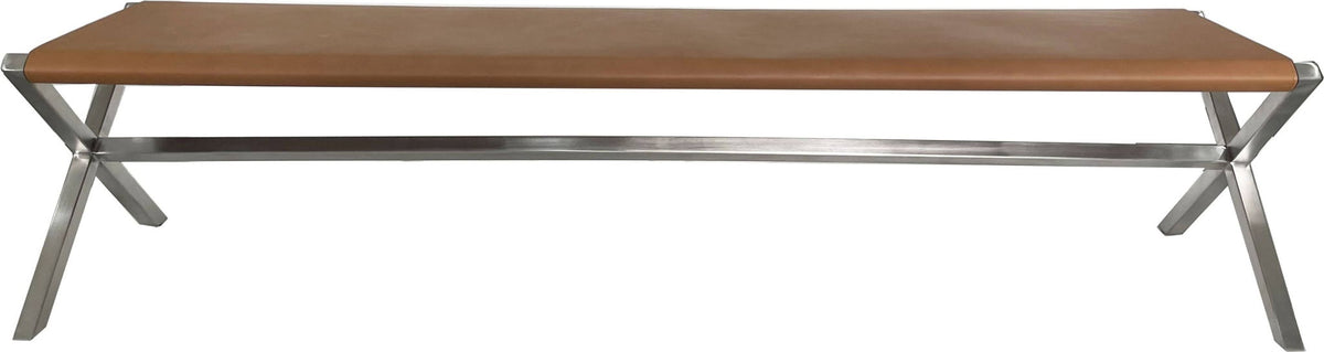 One - Modern Coastal Director's Style Leather Bench - Cognac And Brushed Stainless Steel